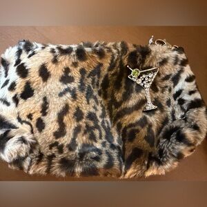 Leopard Print Faux Fur Clutch with Martini Brooch